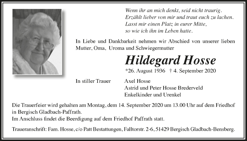  Traueranzeige für Hildegard Hosse vom 11.09.2020 aus  Bergisches Handelsblatt 