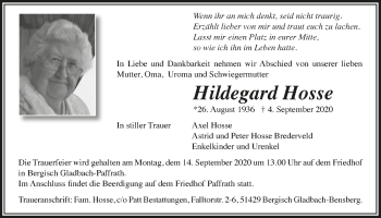 Anzeige von Hildegard Hosse von  Bergisches Handelsblatt 