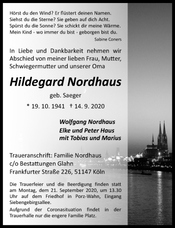 Anzeige von Hildegard Nordhaus von  Kölner Wochenspiegel 