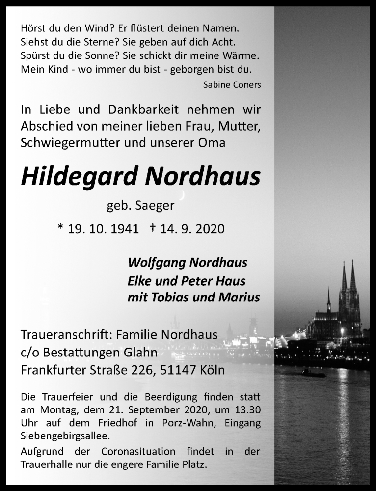  Traueranzeige für Hildegard Nordhaus vom 18.09.2020 aus  Kölner Wochenspiegel 