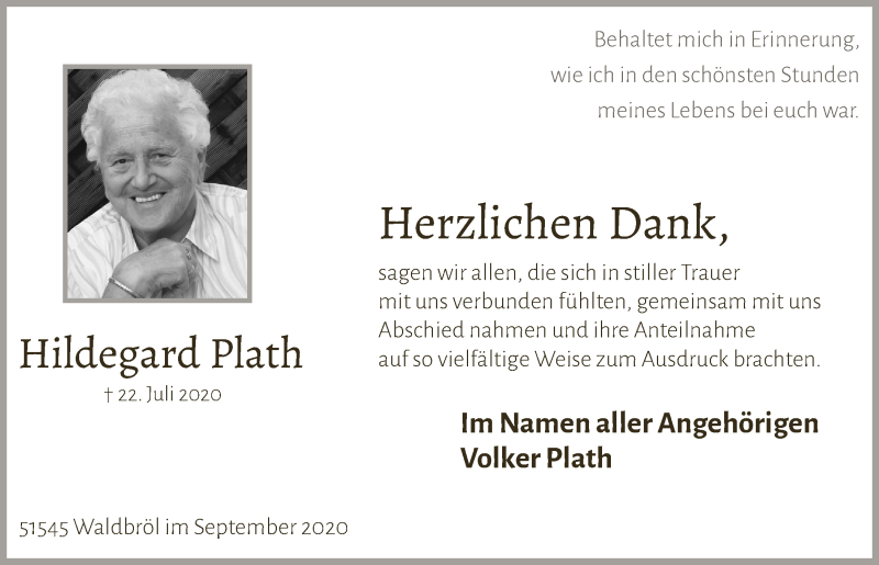 Traueranzeige für Hildegard Plath vom 11.09.2020 aus  Lokalanzeiger 