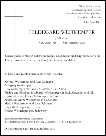 Anzeige von Hildegard Weitkemper von Kölner Stadt-Anzeiger / Kölnische Rundschau / Express