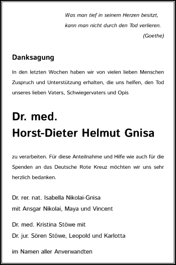 Anzeige von Horst-Dieter Helmut Gnisa von Kölner Stadt-Anzeiger / Kölnische Rundschau / Express