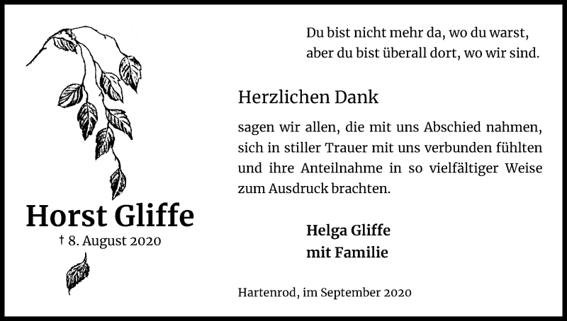  Traueranzeige für Horst Gliffe vom 12.09.2020 aus Kölner Stadt-Anzeiger / Kölnische Rundschau / Express