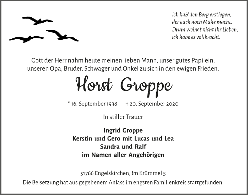  Traueranzeige für Horst Groppe vom 25.09.2020 aus  Anzeigen Echo 