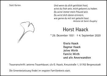 Anzeige von Horst Haack von  Anzeigen Echo 
