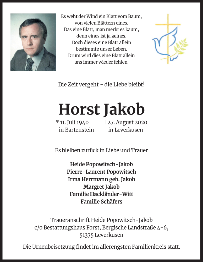  Traueranzeige für Horst Jakob vom 02.09.2020 aus Kölner Stadt-Anzeiger / Kölnische Rundschau / Express