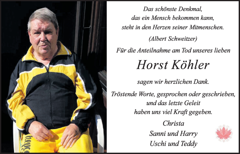  Traueranzeige für Horst Köhler vom 11.09.2020 aus  Schlossbote/Werbekurier 