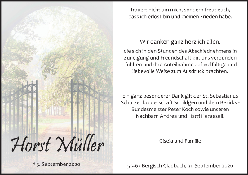  Traueranzeige für Horst Müller vom 26.09.2020 aus Kölner Stadt-Anzeiger / Kölnische Rundschau / Express