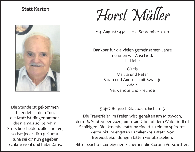  Traueranzeige für Horst Müller vom 12.09.2020 aus Kölner Stadt-Anzeiger / Kölnische Rundschau / Express