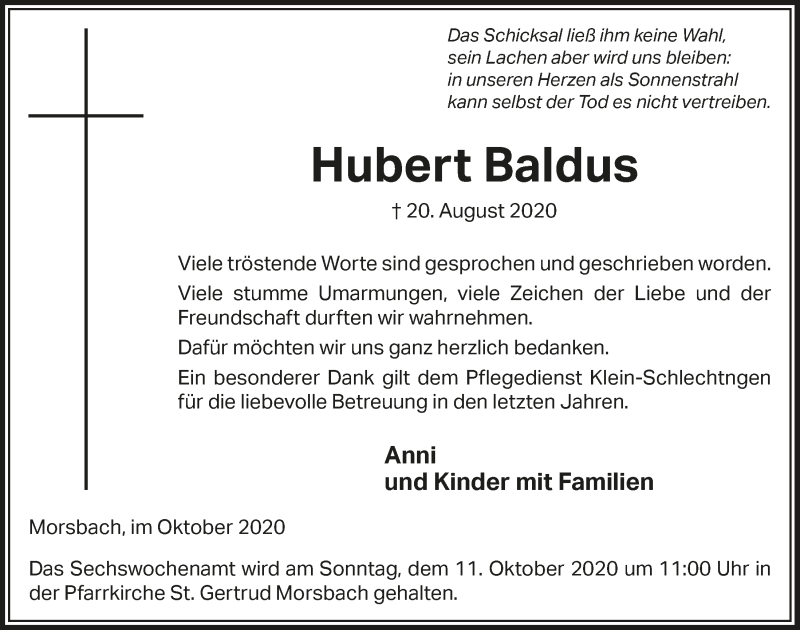  Traueranzeige für Hubert Baldus vom 01.10.2020 aus  Lokalanzeiger 