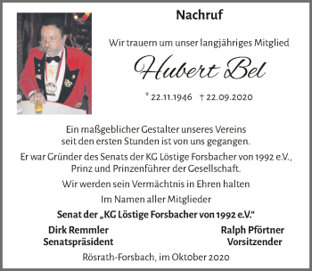 Anzeige von Hubert Bel von  Bergisches Handelsblatt 