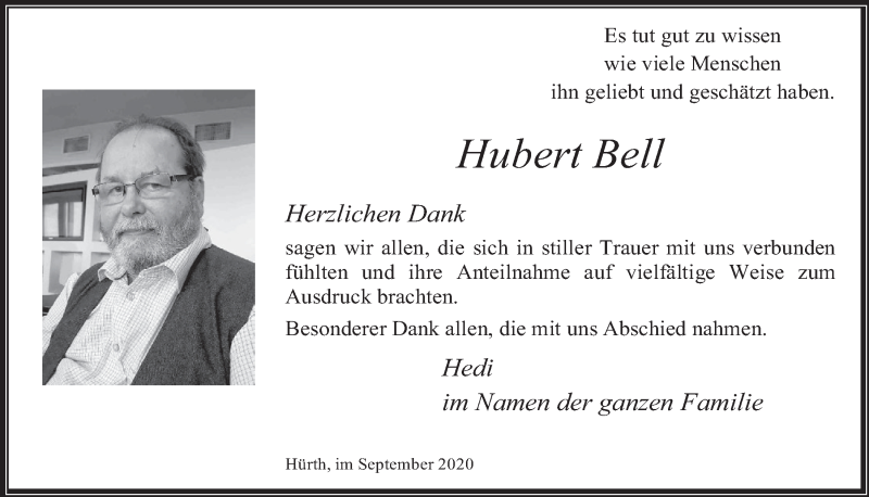  Traueranzeige für Hubert Bell vom 18.09.2020 aus  Wochenende 