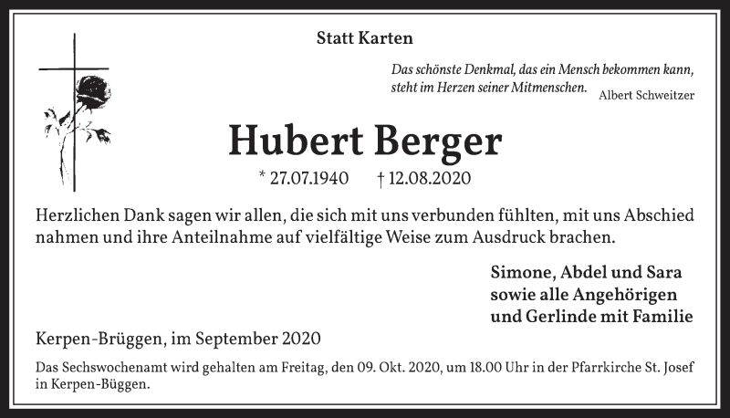  Traueranzeige für Hubert Berger vom 01.10.2020 aus  Werbepost 
