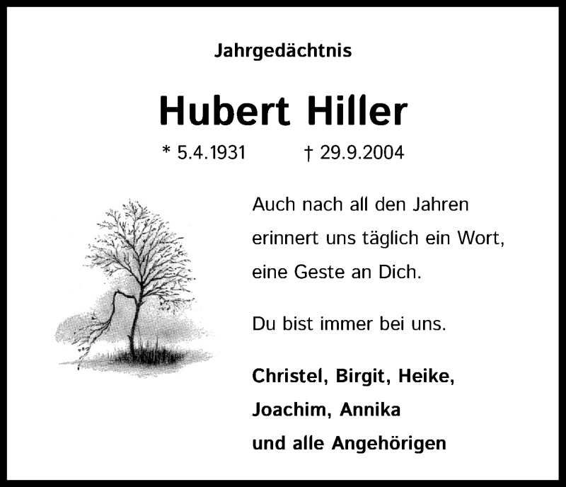  Traueranzeige für Hubert Hiller vom 29.09.2020 aus Kölner Stadt-Anzeiger / Kölnische Rundschau / Express