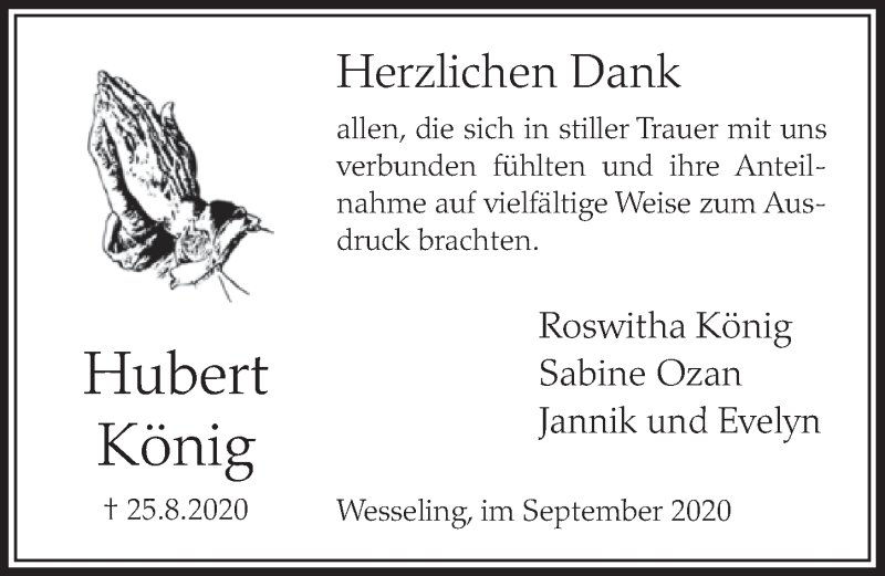  Traueranzeige für Hubert König vom 18.09.2020 aus  Schlossbote/Werbekurier 