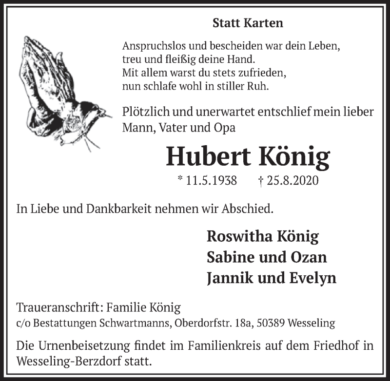  Traueranzeige für Hubert König vom 04.09.2020 aus  Schlossbote/Werbekurier 