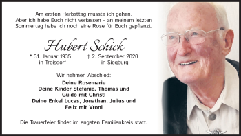 Anzeige von Hubert Schick von Kölner Stadt-Anzeiger / Kölnische Rundschau / Express