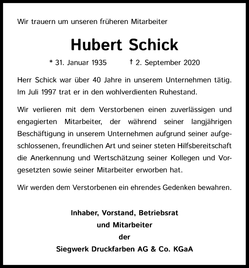  Traueranzeige für Hubert Schick vom 16.09.2020 aus Kölner Stadt-Anzeiger / Kölnische Rundschau / Express
