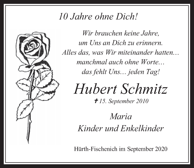  Traueranzeige für Hubert Schmitz vom 11.09.2020 aus  Wochenende 