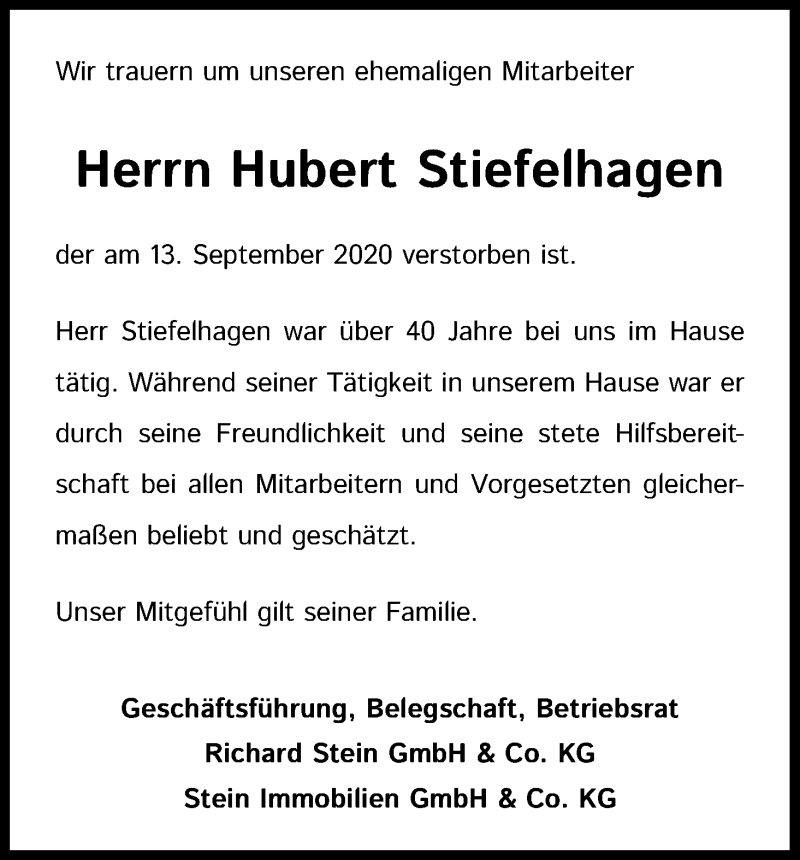  Traueranzeige für Hubert Stiefelhagen vom 24.09.2020 aus Kölner Stadt-Anzeiger / Kölnische Rundschau / Express