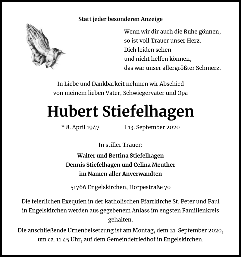  Traueranzeige für Hubert Stiefelhagen vom 16.09.2020 aus Kölner Stadt-Anzeiger / Kölnische Rundschau / Express