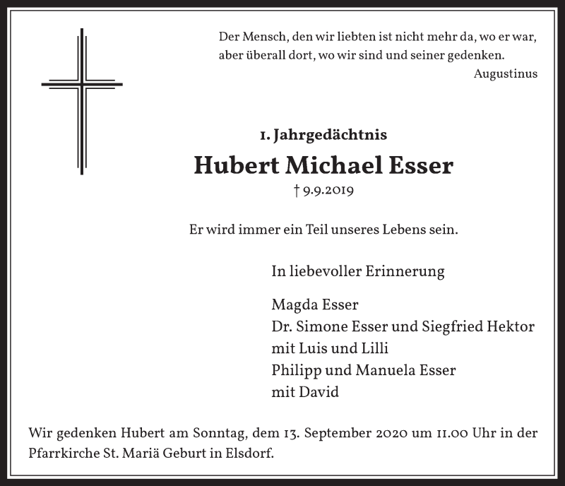  Traueranzeige für Hubert Michael Esser vom 11.09.2020 aus  Werbepost 