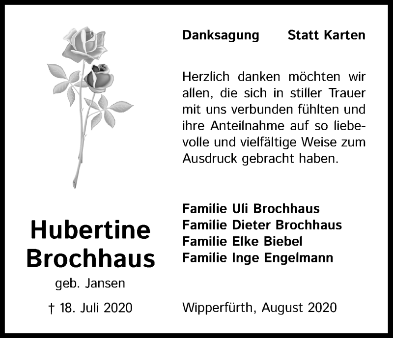  Traueranzeige für Hubertine Brochhaus vom 05.09.2020 aus Kölner Stadt-Anzeiger / Kölnische Rundschau / Express