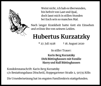 Anzeige von Hubertus Kurzatzky von Kölner Stadt-Anzeiger / Kölnische Rundschau / Express