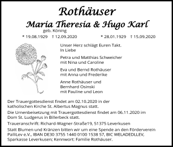 Anzeige von Hugo Karl Rothäuser von Kölner Stadt-Anzeiger / Kölnische Rundschau / Express