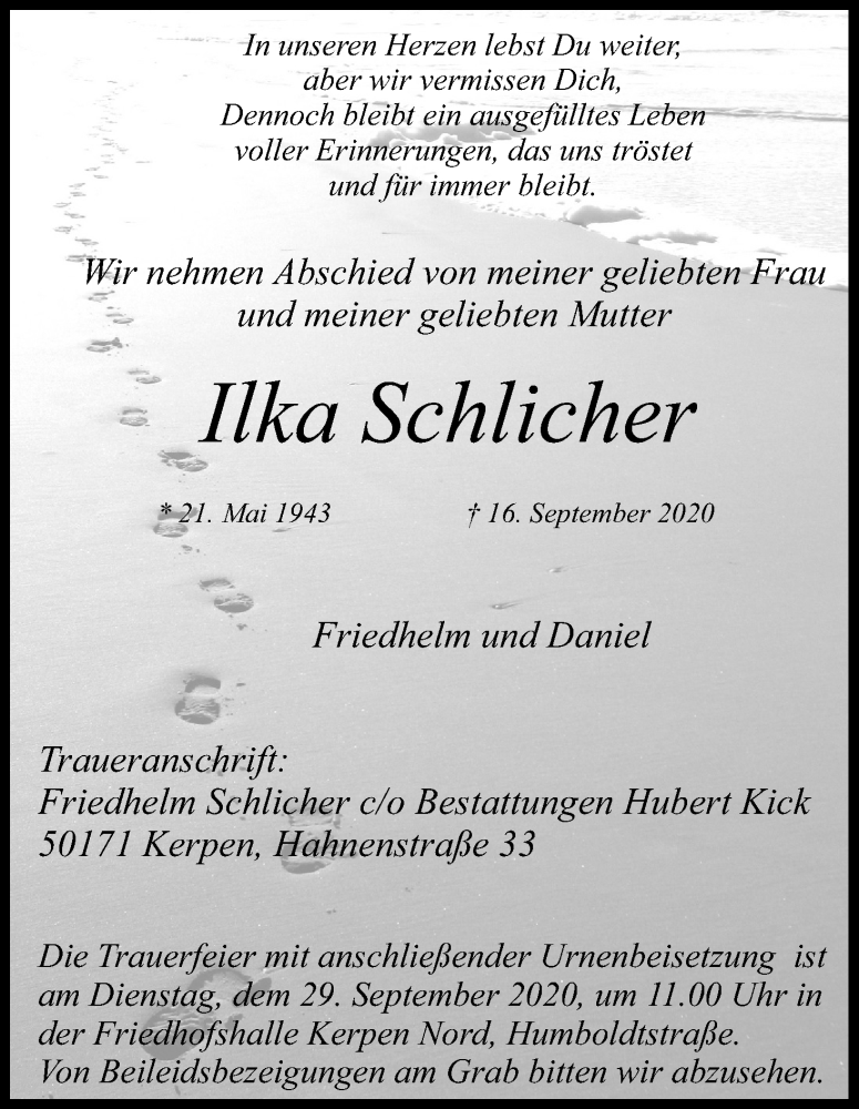  Traueranzeige für Ilka Schlicher vom 24.09.2020 aus Kölner Stadt-Anzeiger / Kölnische Rundschau / Express