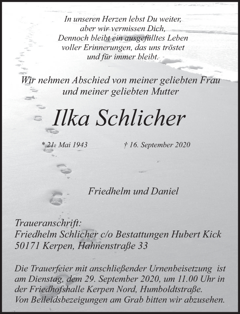  Traueranzeige für Ilka Schlicher vom 25.09.2020 aus  Werbepost 