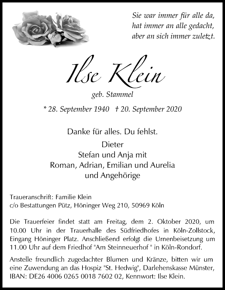  Traueranzeige für Ilse Klein vom 26.09.2020 aus Kölner Stadt-Anzeiger / Kölnische Rundschau / Express