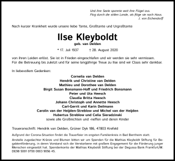 Anzeige von Ilse Kleyboldt von Kölner Stadt-Anzeiger / Kölnische Rundschau / Express