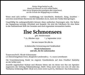 Anzeige von Ilse Schmonsees von Kölner Stadt-Anzeiger / Kölnische Rundschau / Express