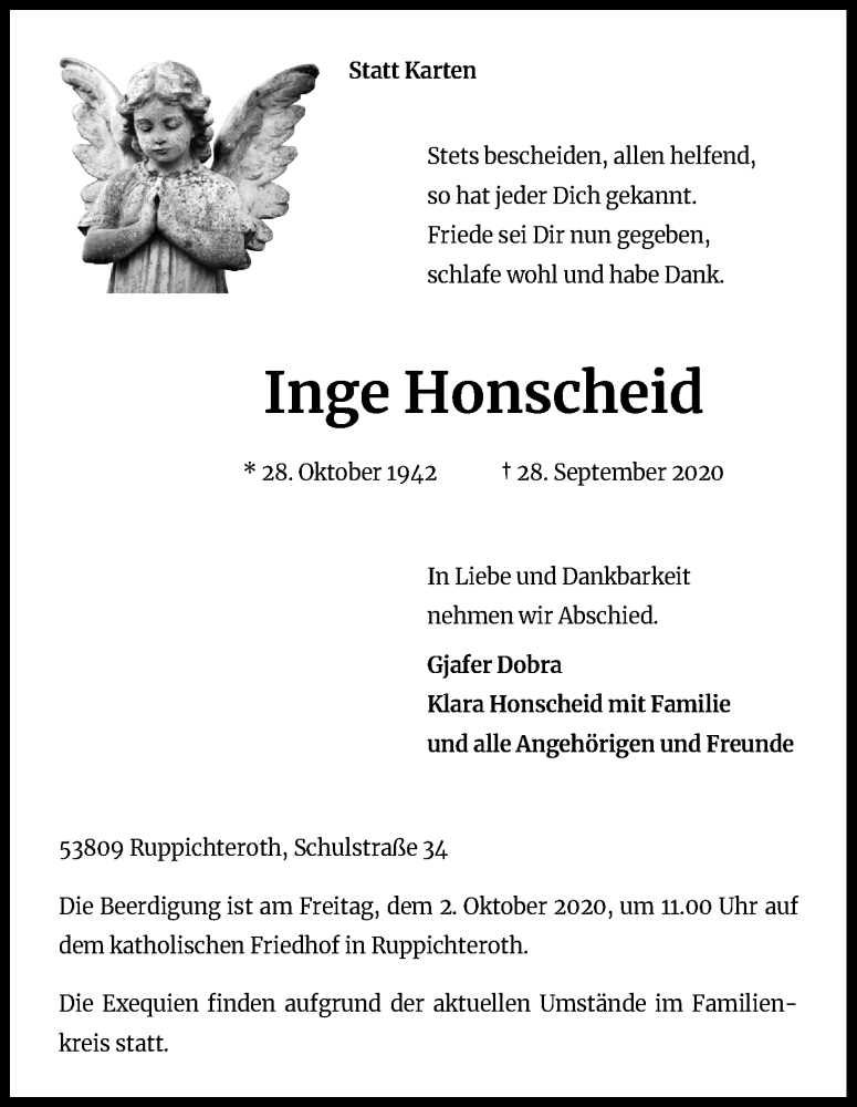  Traueranzeige für Inge Honscheid vom 30.09.2020 aus Kölner Stadt-Anzeiger / Kölnische Rundschau / Express