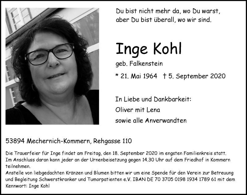  Traueranzeige für Inge Kohl vom 12.09.2020 aus  Blickpunkt Euskirchen 
