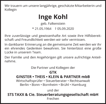Anzeige von Inge Kohl von  Schlossbote/Werbekurier 