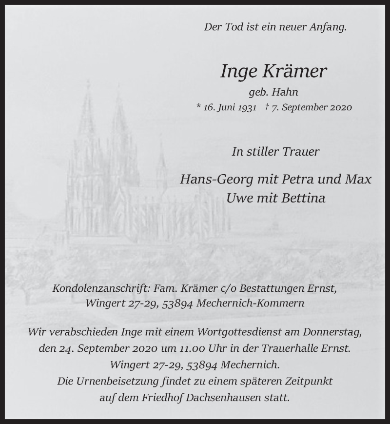  Traueranzeige für Inge Krämer vom 19.09.2020 aus  Blickpunkt Euskirchen 