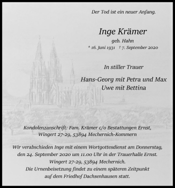Anzeige von Inge Krämer von Kölner Stadt-Anzeiger / Kölnische Rundschau / Express