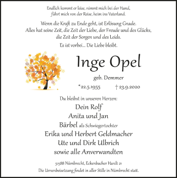 Anzeige von Inge Opel von  Lokalanzeiger 