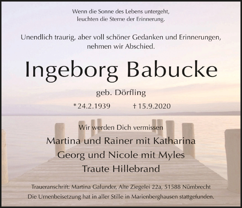  Traueranzeige für Ingeborg Babucke vom 25.09.2020 aus  Anzeigen Echo 
