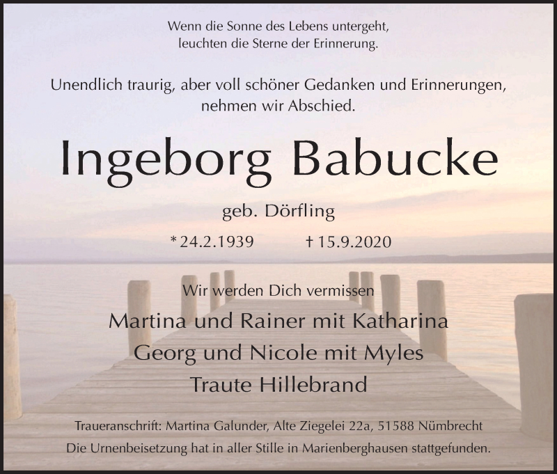  Traueranzeige für Ingeborg Babucke vom 26.09.2020 aus Kölner Stadt-Anzeiger / Kölnische Rundschau / Express