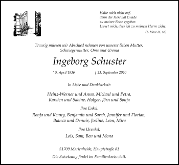 Anzeige von Ingeborg Schuster von Kölner Stadt-Anzeiger / Kölnische Rundschau / Express