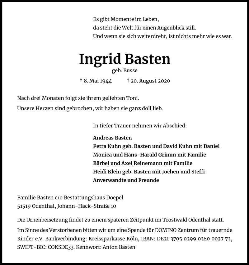  Traueranzeige für Ingrid Basten vom 05.09.2020 aus Kölner Stadt-Anzeiger / Kölnische Rundschau / Express