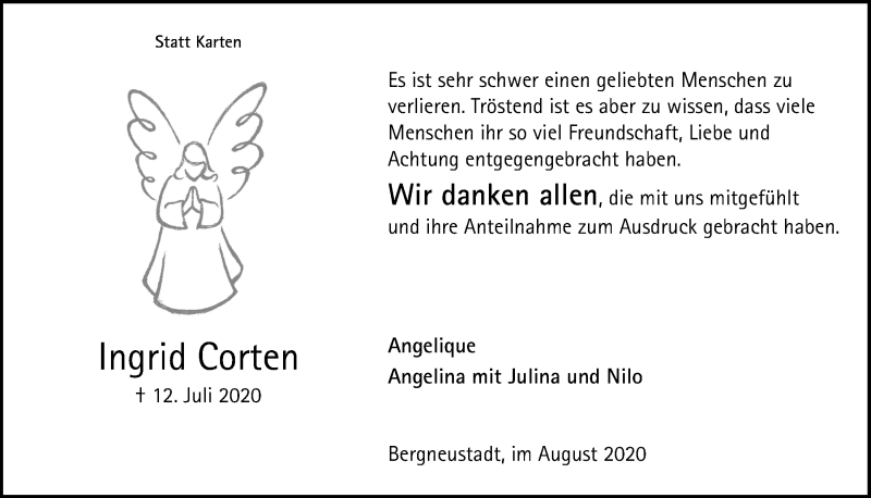  Traueranzeige für Ingrid Corten vom 11.09.2020 aus  Anzeigen Echo 