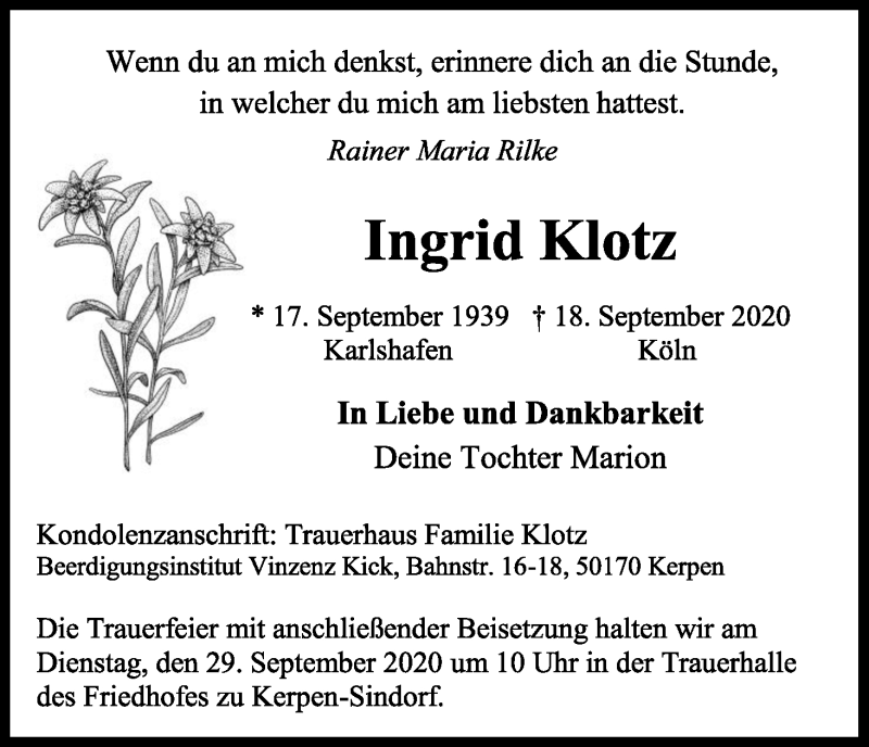  Traueranzeige für Ingrid Klotz vom 26.09.2020 aus Kölner Stadt-Anzeiger / Kölnische Rundschau / Express