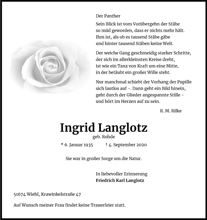  Traueranzeige für Ingrid Langlotz vom 12.09.2020 aus Kölner Stadt-Anzeiger / Kölnische Rundschau / Express