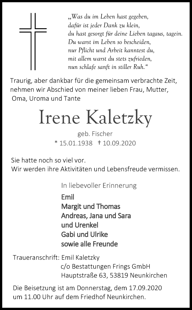  Traueranzeige für Irene Kaletzky vom 16.09.2020 aus Kölner Stadt-Anzeiger / Kölnische Rundschau / Express
