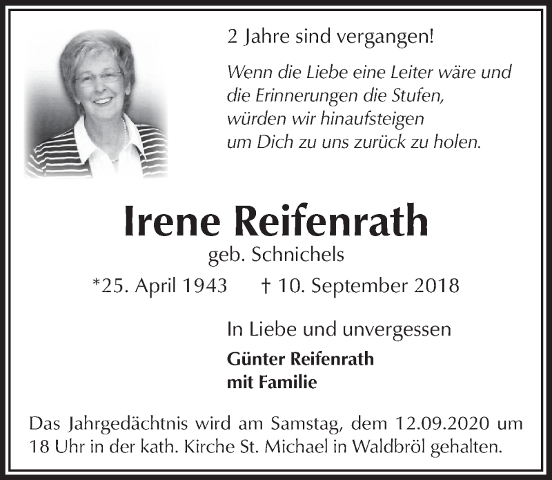  Traueranzeige für Irene Reifenrath vom 04.09.2020 aus  Anzeigen Echo 